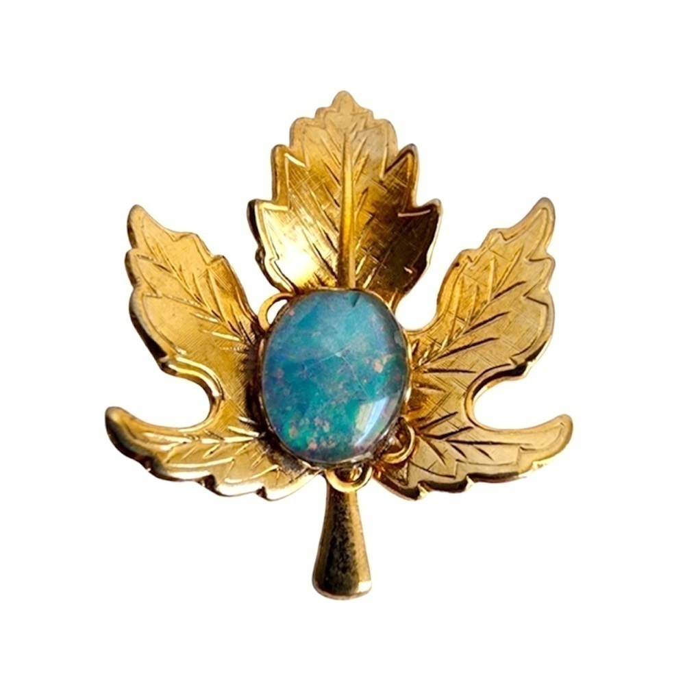 Vintage Opal‎ Maple Leaf Brooch Gold Tone Iridescent Fall Pin Small